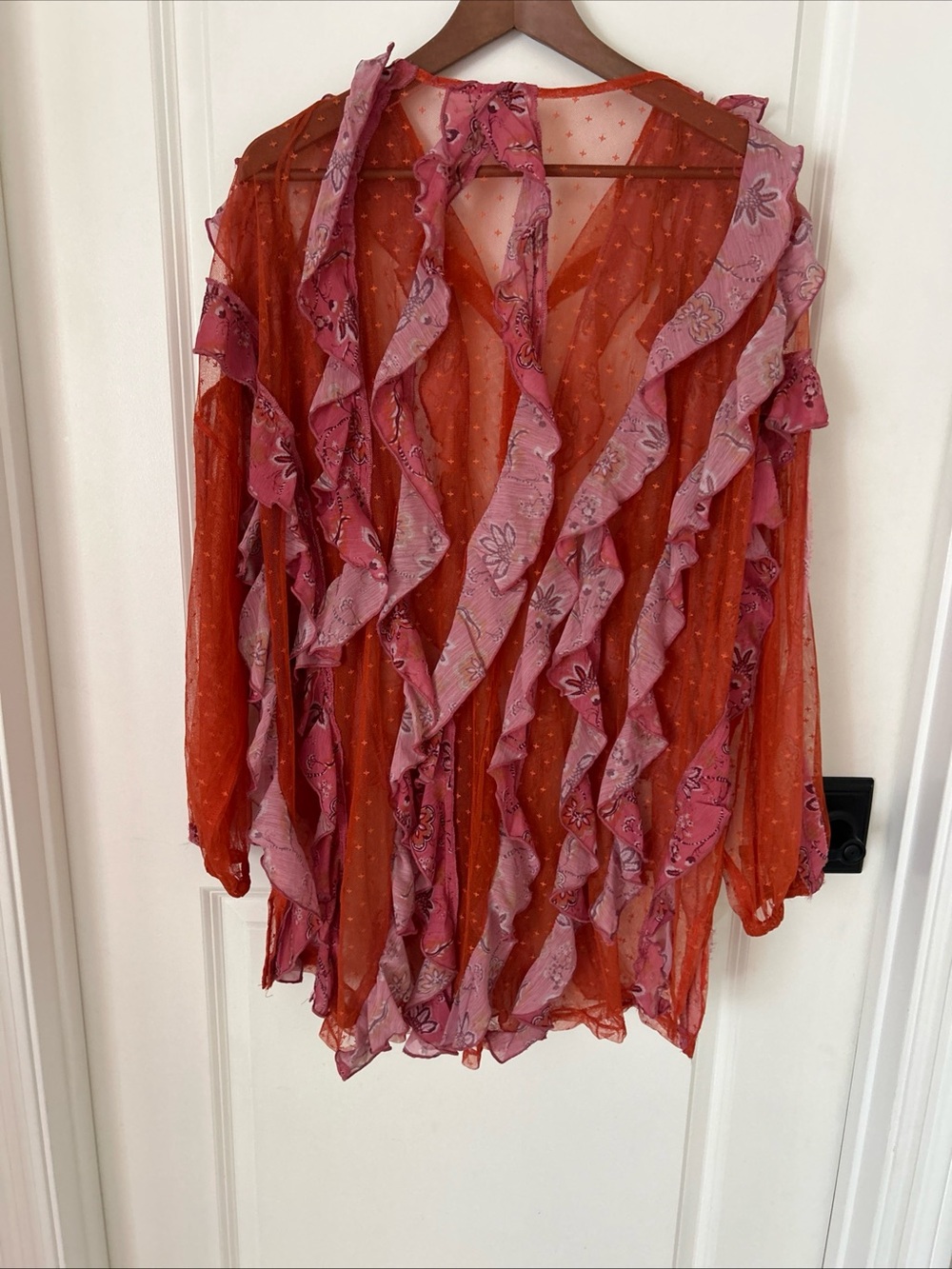 Free People Worth It Pink Orange Sheer Ruffle Floral Button Blouse Boho Fairy - Picture 10 of 14
